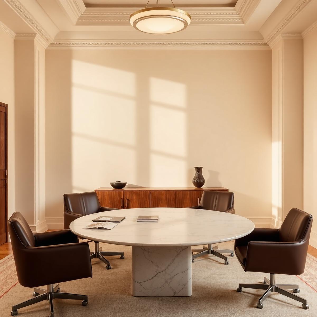 Italian sourcing office with material samples on a marble table